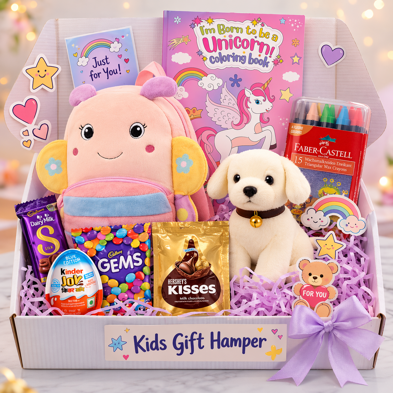 Kids Fun Gift Hamper with Backpack, Coloring Book, Crayons, Chocolates & Soft Toy | Birthday Gift for Kids
