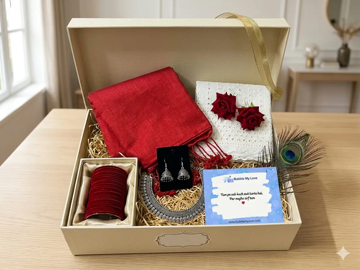 Premium Traditional Saree Gift Hamper for Women | Handloom Saree, Oxidised Jewellery & Churi Set Combo