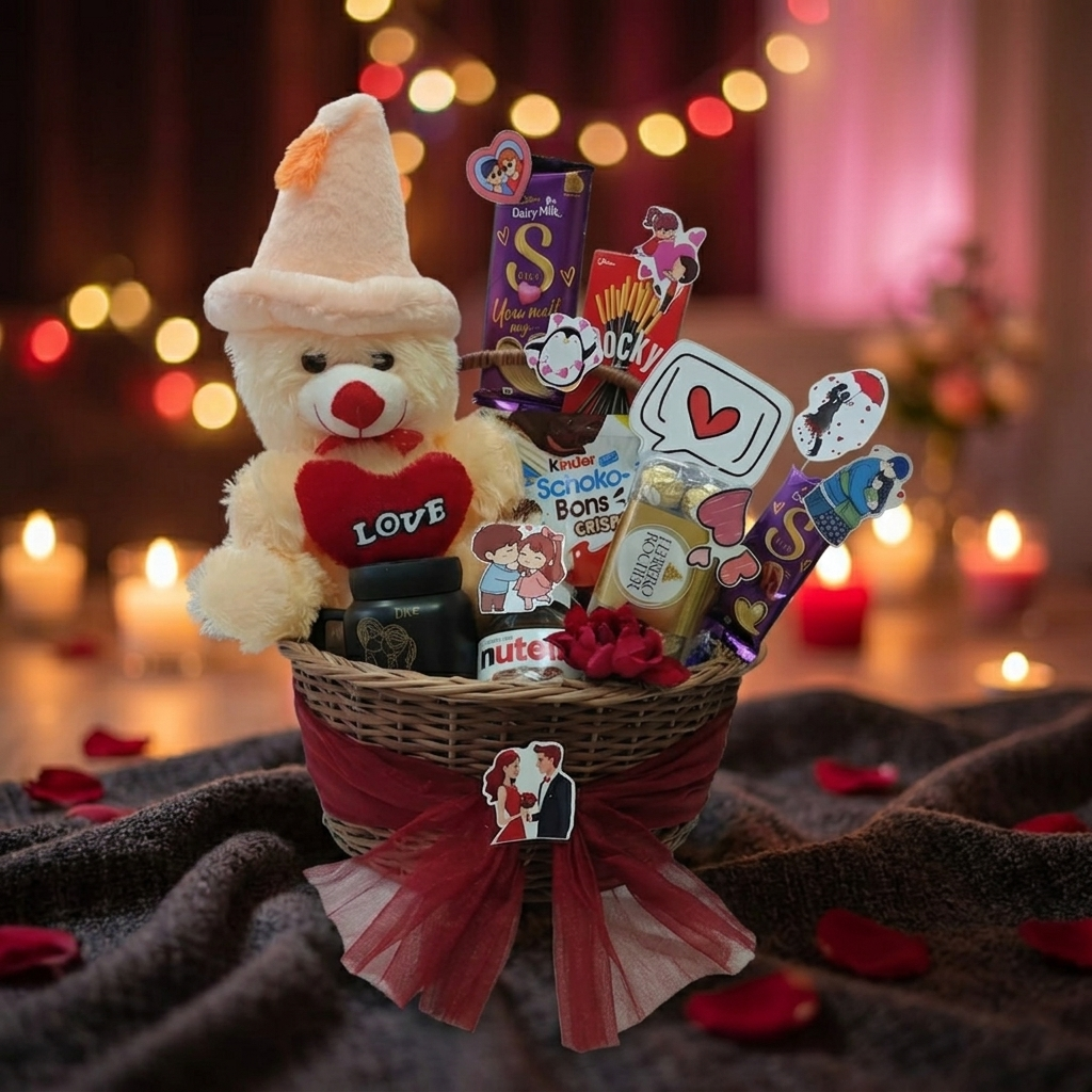 Romantic Teddy & Chocolate Gift Basket with Coffee Mug, Candles & Love Decor | Premium Surprise Hamper for Loved One