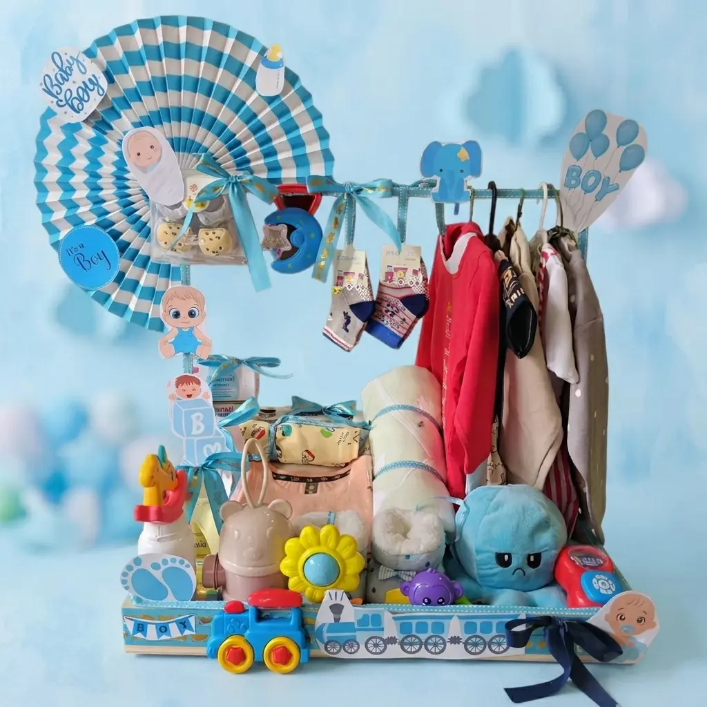 Newborn Baby Boy Gift Hamper with Clothes, Toys & Essentials | Premium Baby Shower Gift Set