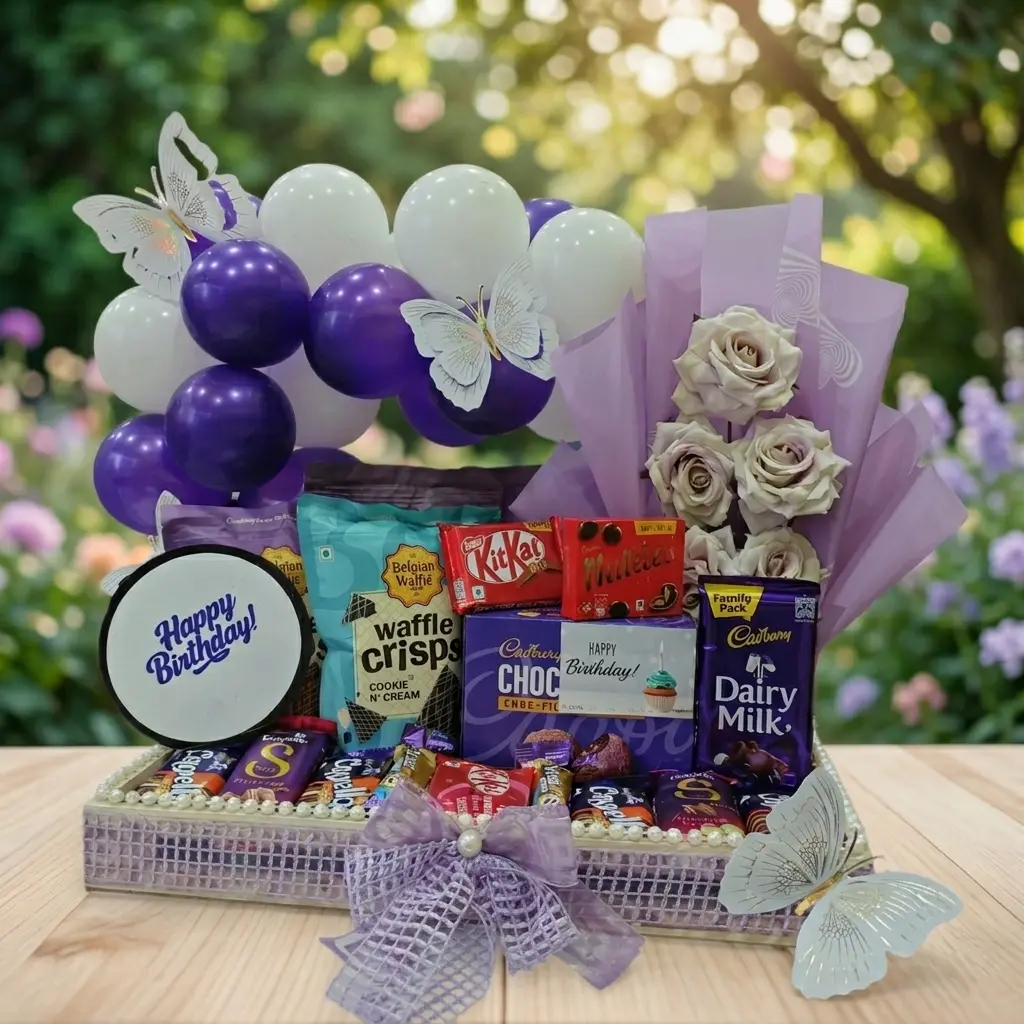 Premium Chocolate Gift Hamper with Roses, Balloons & Custom Message Card for Birthday, Anniversary or any other Special Occassion