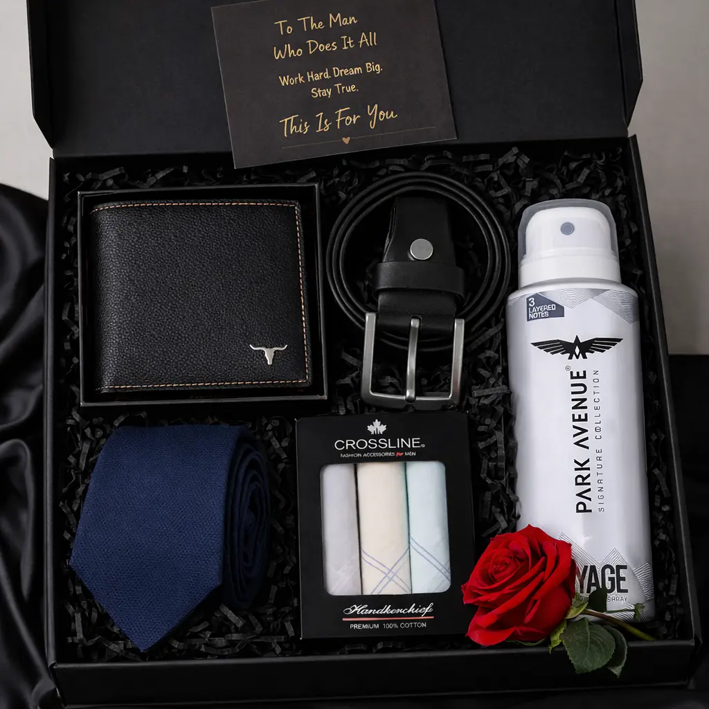 Premium Men’s Gift Hamper Set with Wallet Belt Tie & Body Spray | Perfect Gift for Him