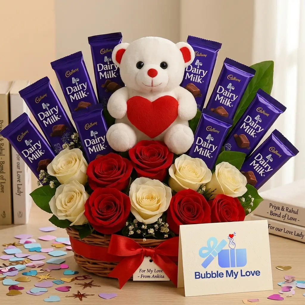 Teddy & Dairy Milk Chocolate Bouquet Gift Hamper for Girlfriend/Wife